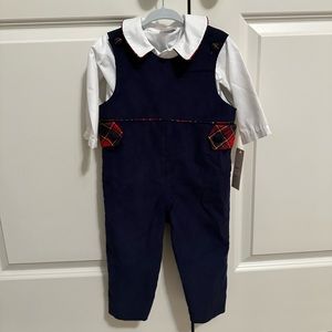 NWT Marco and Lizzy 18 mo Peter Pan color corduroy outfit navy and plaid trim